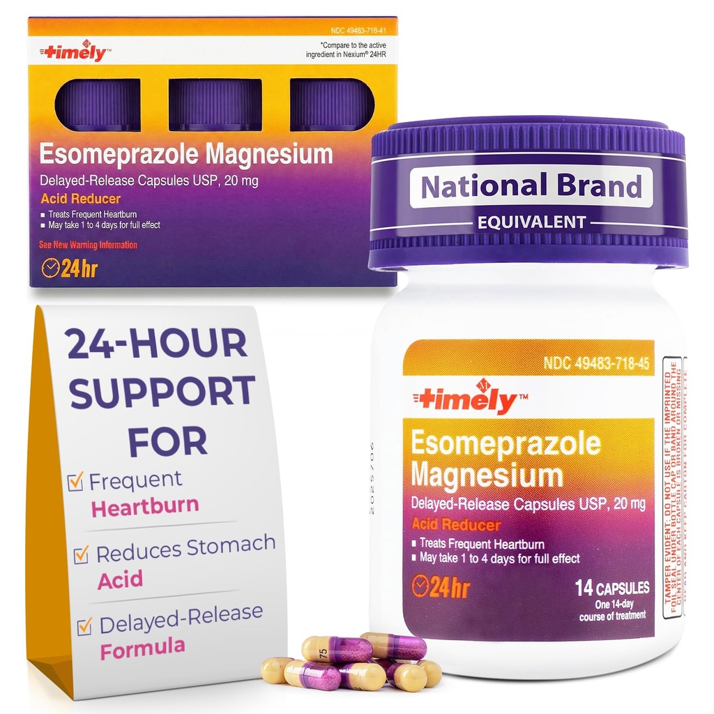 TIME-Cap Labs 42 Capsules Esomeprazole Magnesium 20mg Delayed Release - Acid Reducer & Frequent Heartburn Relief for Adults, Helps with Acid Reflux & Heartburn