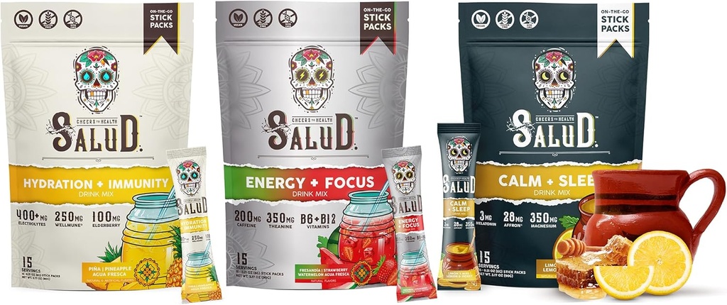Salud Variety 3-Pack | 2-in-1 Hydration + Immunity (Pineapple), Energy + Focus (Strawberry Watermelon) & Calm + Sleep (Lemon Honey) – 15 Servings Each, Non-GMO, Gluten Free, Low Calorie, 1g of Sugar