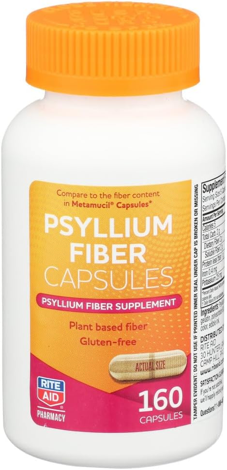 Rite Aid Psyllium Fiber Capsules, 160 Count, Psyllium Fiber Supplement, | Constipation Relief | 100% Natural Psyllium Husk Fiber | Helps Restore Regularity | Promotes Digestive Health