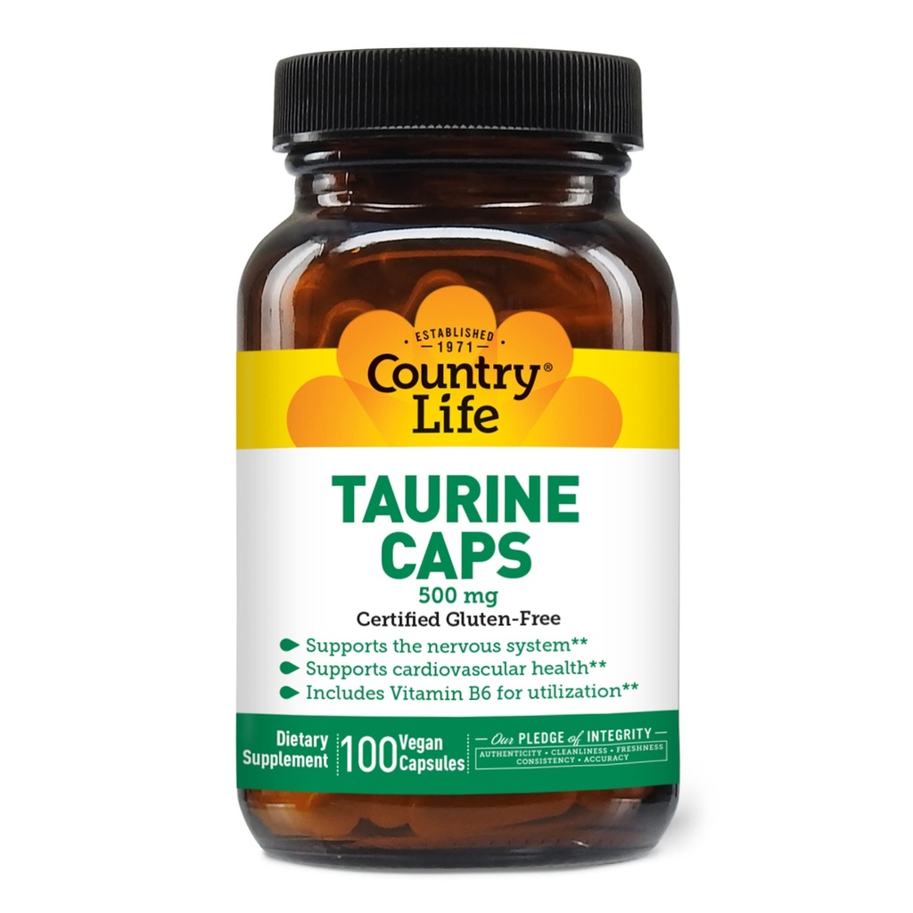 Country Life Taurine Supplement 500mg - Supports Cardiovascular and Nervous System- 100 Capsules