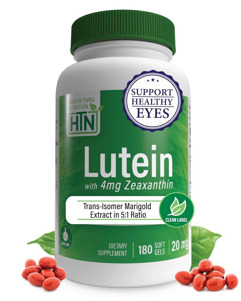 Lutein 20mg with Zeaxanthin 4mg 180 Softgels | Trans-Isomer Marigold Extract in Nature Identical 5:1 Ratio | Supports Healthy Eye, Skin and Brain | Non-GMO Soy & Gluten Free | by Health Thru Nutrition