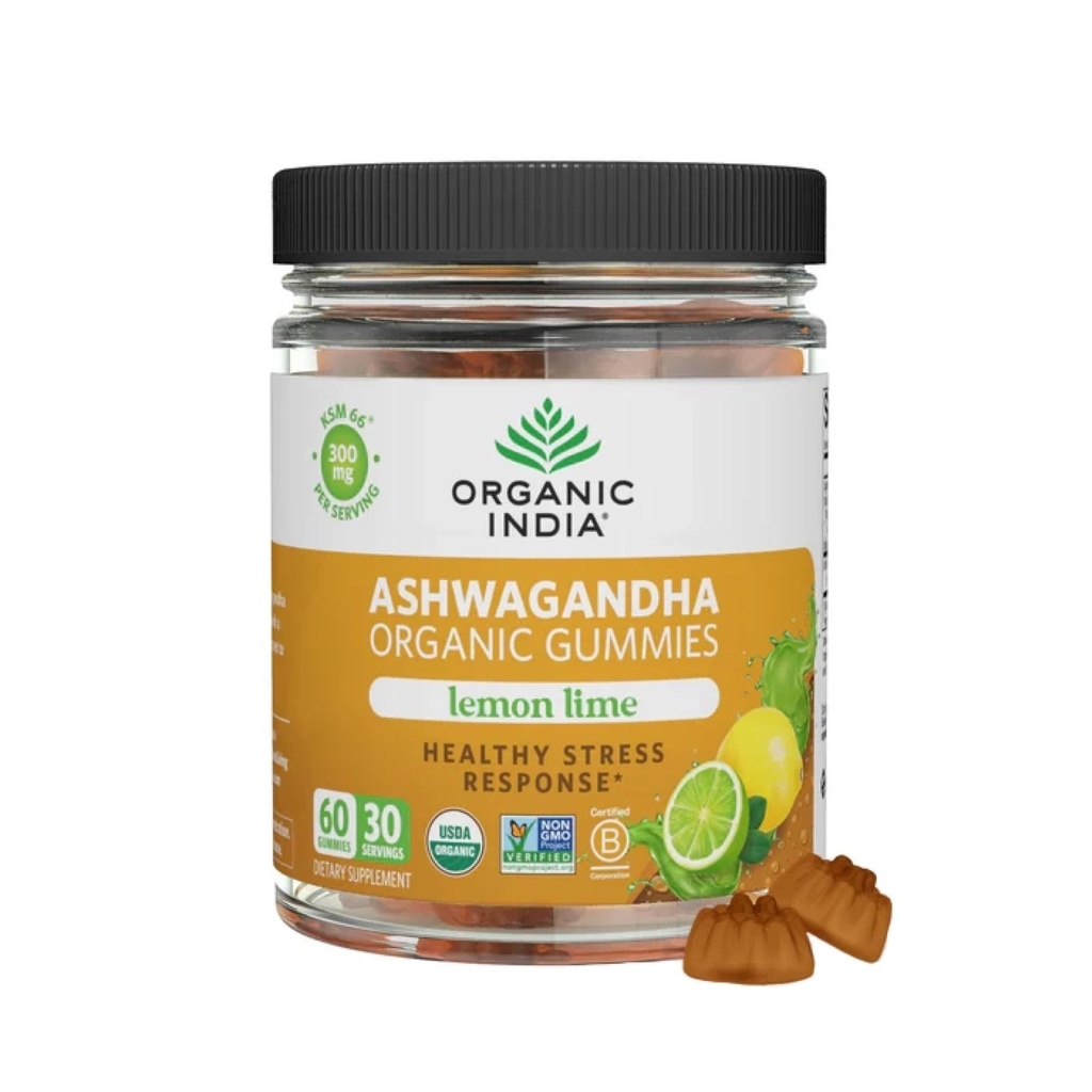 ORGANIC INDIA Ashwagandha Gummies for Men & Women - Stress Supplement, KSM-66 Ashwagandha Root, Extra Strength, Calm Chews, Vegan, Non-GMO - Lemon Lime, 60 Gummies