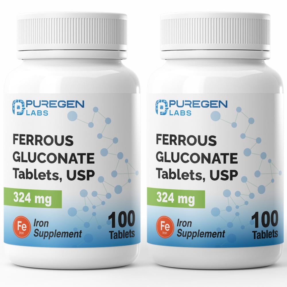 Puregen Labs Ferrous Gluconate 324 mg [High Potency] Iron Supplement, Gentle on Stomach | 2 Pack - 200 Tablets Total