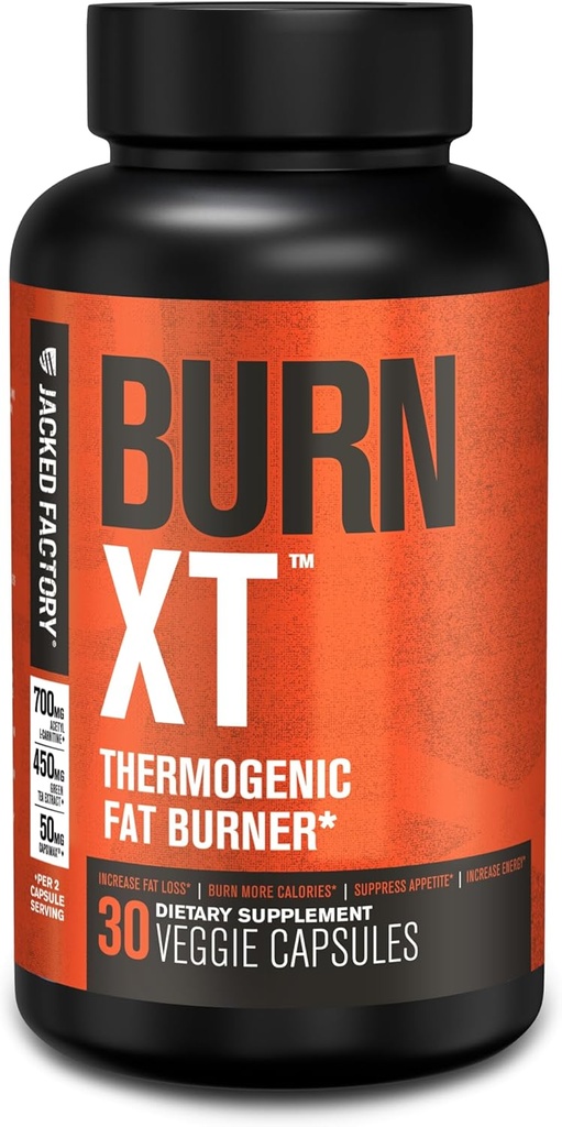 Jacked Factory Burn-XT for Men & Women - Improve Focus & Increase Energy - Premium Acetyl L-Carnitine, Green Tea Extract, Capsimax Cayenne Pepper, & More - 30 Natural Veggie Pills