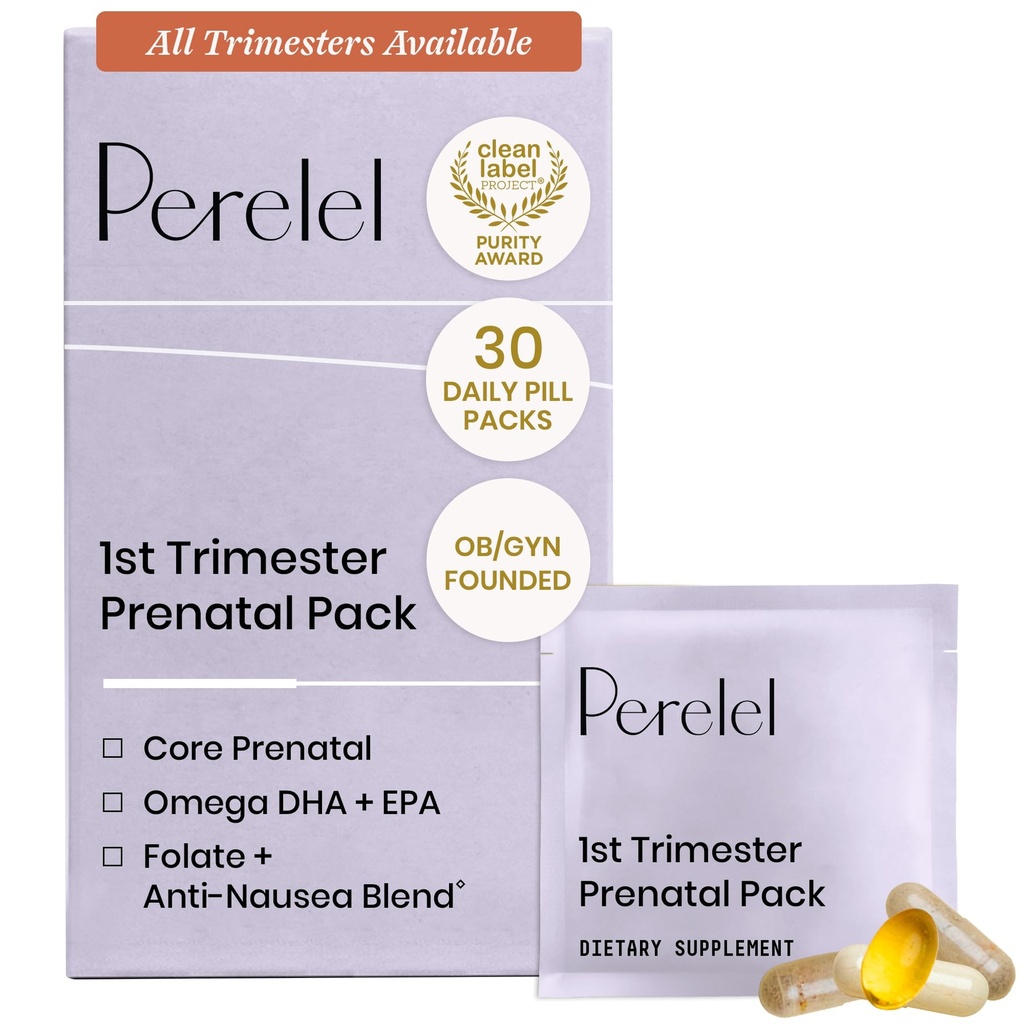 Perelel 1st Trimester Prenatal Pack, Multivitamin with Folate, Vitamin D, Omega 3, Iron & Ginger, Nutritional Support for Early Pregnancy, Soy & Gluten Free, Non GMO, 30 Daily Pill Packs