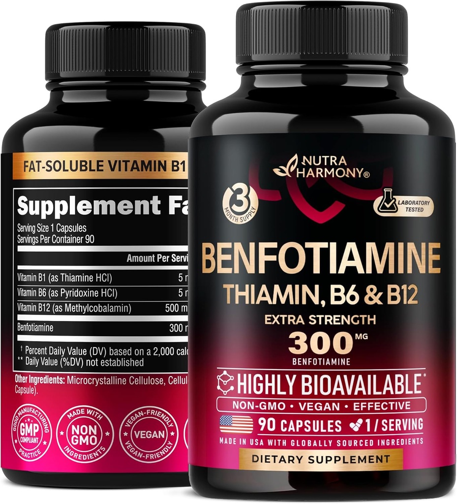 Benfotiamine 300 mg - Nerve Support, Energy & Metabolism Support - Benfotiamine Supplement Fat-Soluble Vitamin B1 - Highly Bioavailable & Absorbable - with Thiamin, Vitamin B12 & B6 - 90 Capsules