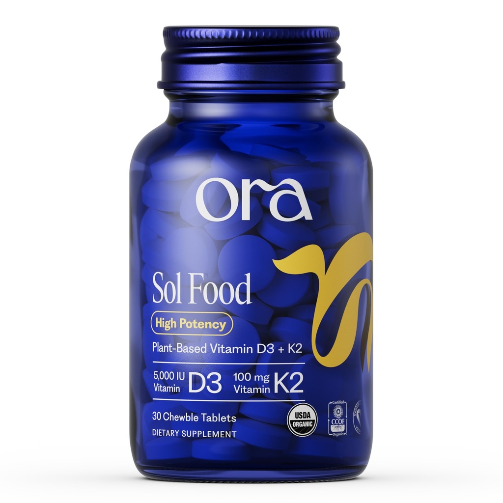 Ora Organic Vitamin D3 5000IU + K2 - Vegan Vitamin D from Lichen and K2 from Chickpeas for Bone Health, Immune Support, & Mood, Maximum Absorption - 1 Month Supply, 30 Chewable Tablets