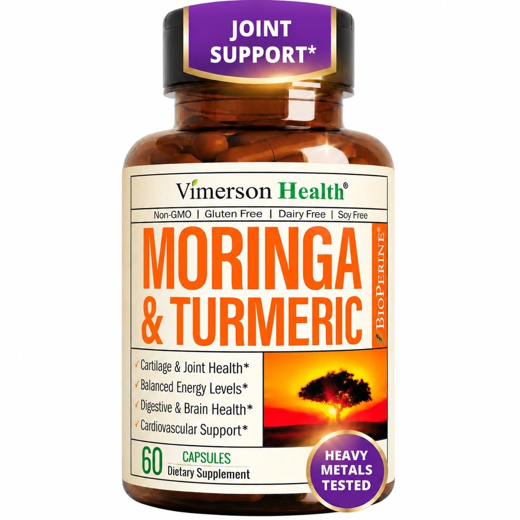 Moringa Capsules – 3-in-1 Turmeric Moringa Supplement with BioPerine (Black Pepper Extract) for Max Absorption – Potent 4:1 Moringa Oleifera Extract + Tumeric for Energy & Joint Support – 60 Capsules