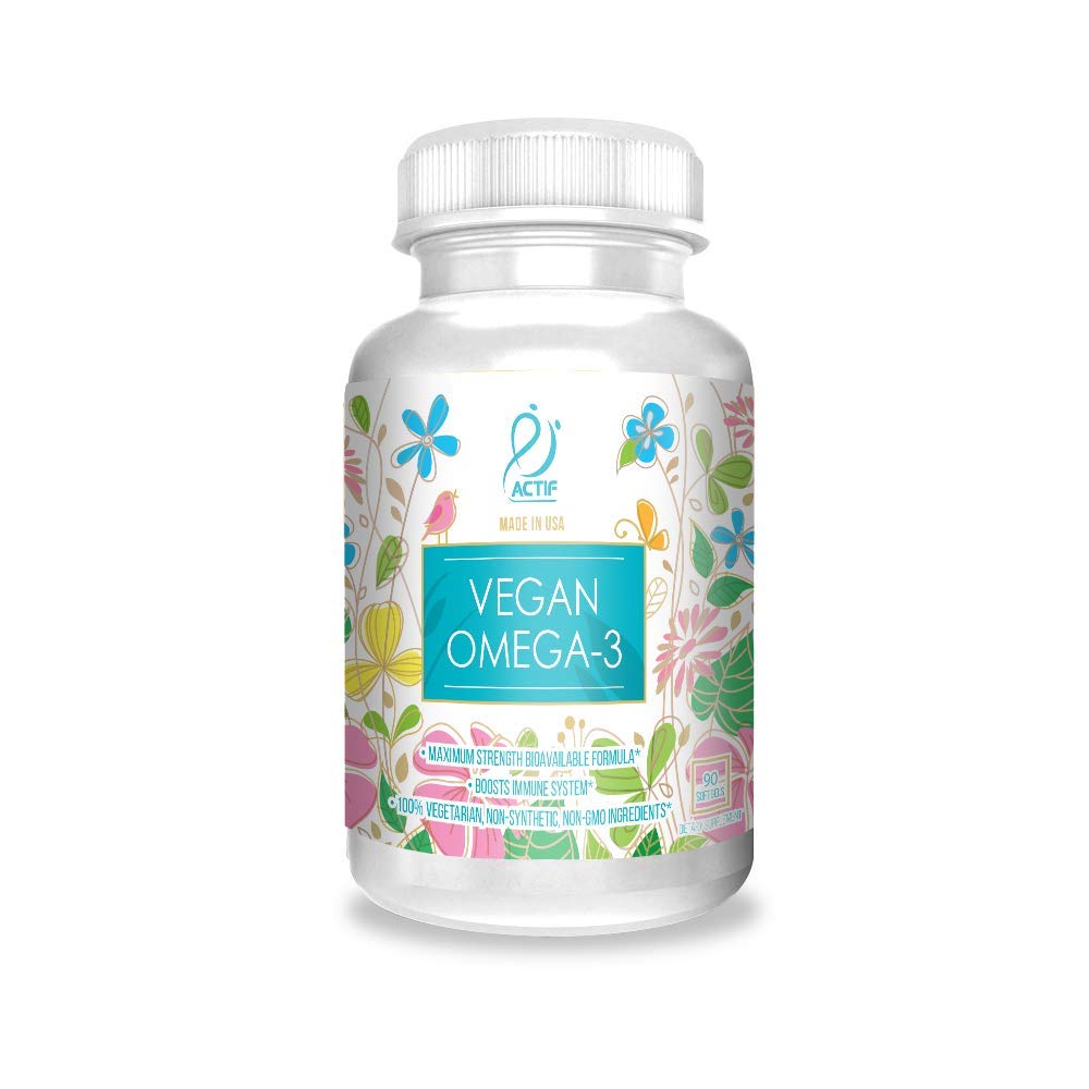 Actif Vegan Omega-3, High Strength Algae Oil Formula, 100% Natural, Organic DHA, EPA, Omega-3 - Non-GMO, 90 count