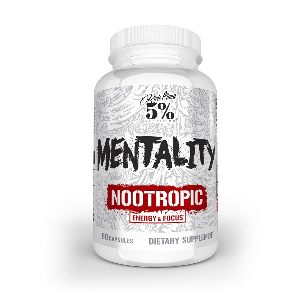 5% Nutrition Rich Piana Mentality Nootropic Blend | Brain Booster Supplement for Performance, Memory, Mental Clarity | Ginseng, Ginkgo, L-Theanine, Choline, Huperzine, 60 Capsules (30 Day Supply)