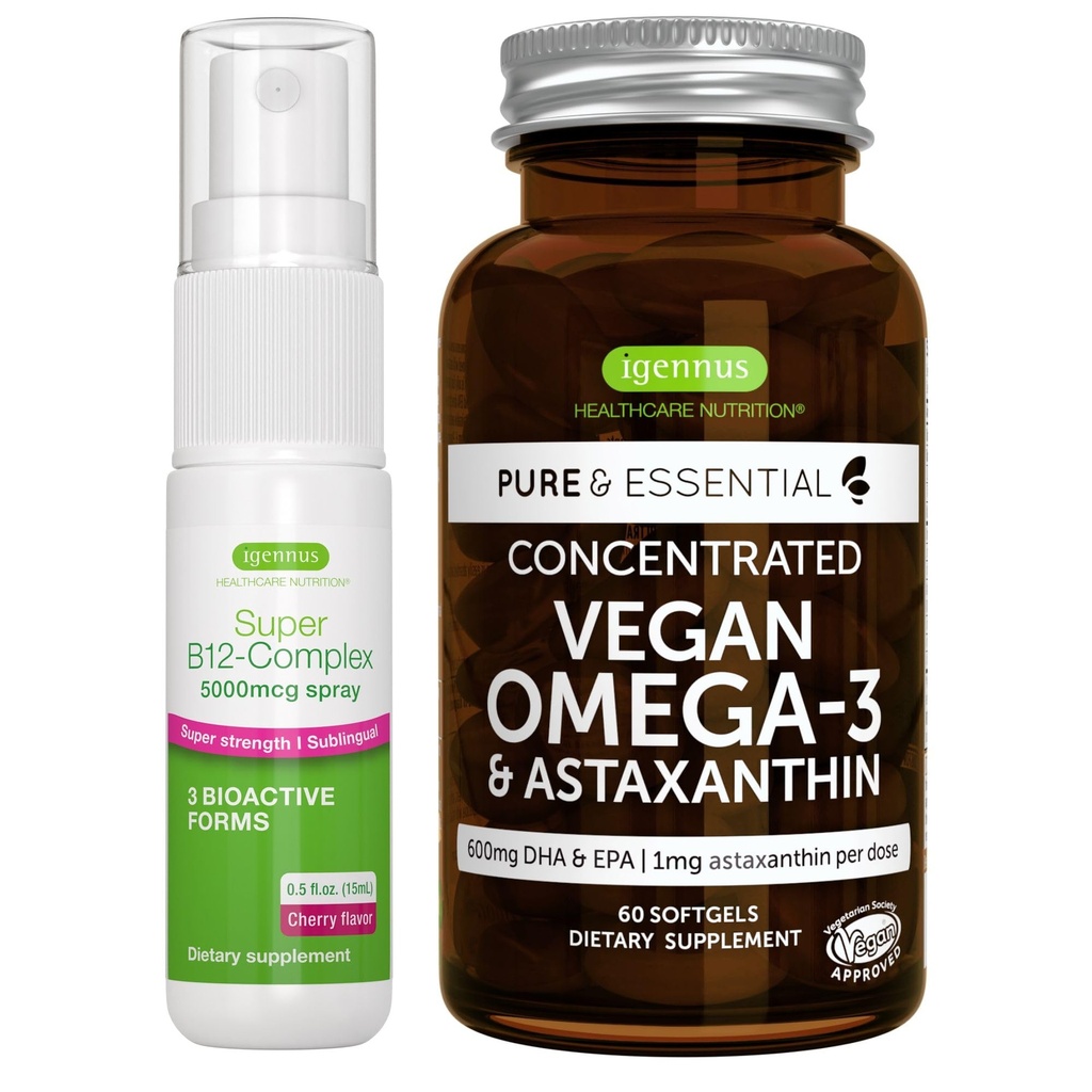 Vegan Omega-3 Algae Oil + Super B12-Complex 5000mcg Vegan Bundle, High Concentration DHA & EPA + High Strength B12 Cherry Flavor Sublingual Spray, by Igennus