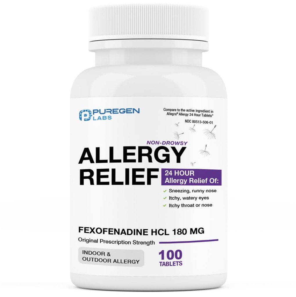 Puregen Labs Allergy Relief, Fexofenadine 180mg, 100 Tablets – 24 Hour Non-Drowsy Antihistamine Allergy Medicine for Runny Nose, Sneezing, Itchy, Watery Eyes