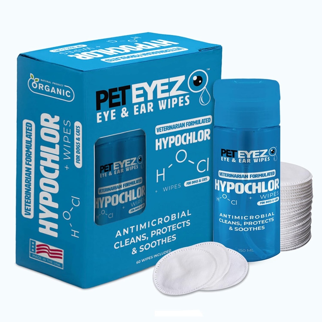 PetEyez Veterinarian Formulated Tear Stain Remover Solution for Dogs & Cats - Hypoallergenic Deodorizing Cleaner to Remove Dirt, Discharge and Crust from Ears, Eyes, Paws & Butt - 100 Wipes