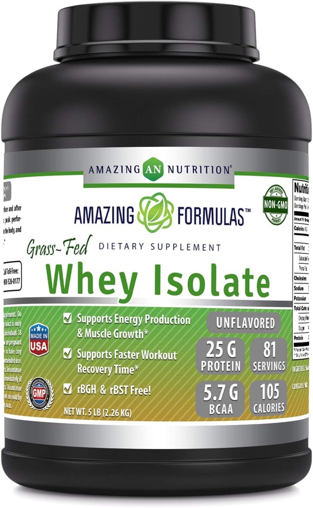 Amazing Formulas Grass-Fed Whey Protein Isolate | 25 Grams Protein Per Serving | 5 Lbs (2.26 Kg) | 5.7 Grams BCAA | Made in USA (5 Lb, Unflavored)