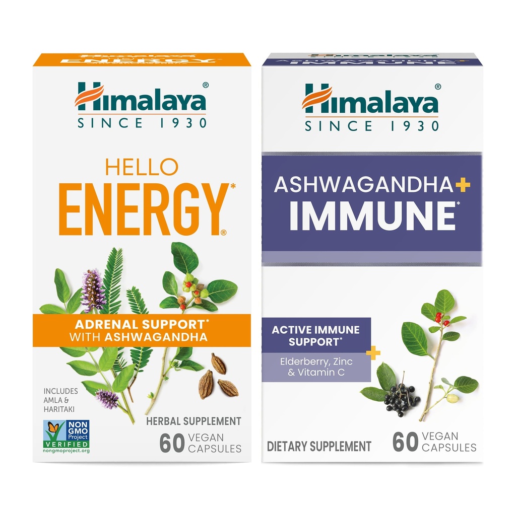 Himalaya Hello Energy with Ashwagandha for Adrenal Support & Daily Energy and & Ashwagandha +Immune with Vitamin C for Active Immune Support, 60 Capsules Each - Bundle