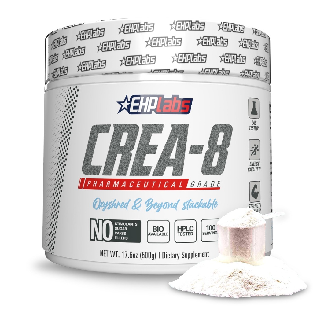 EHP Labs CREA-8 Micronized Creatine Monohydrate Powder - Unflavored Creatine Powder for Muscle Growth, Increased Strength, Enhanced Energy Output and Improved Performance - 100 Servings (500g)