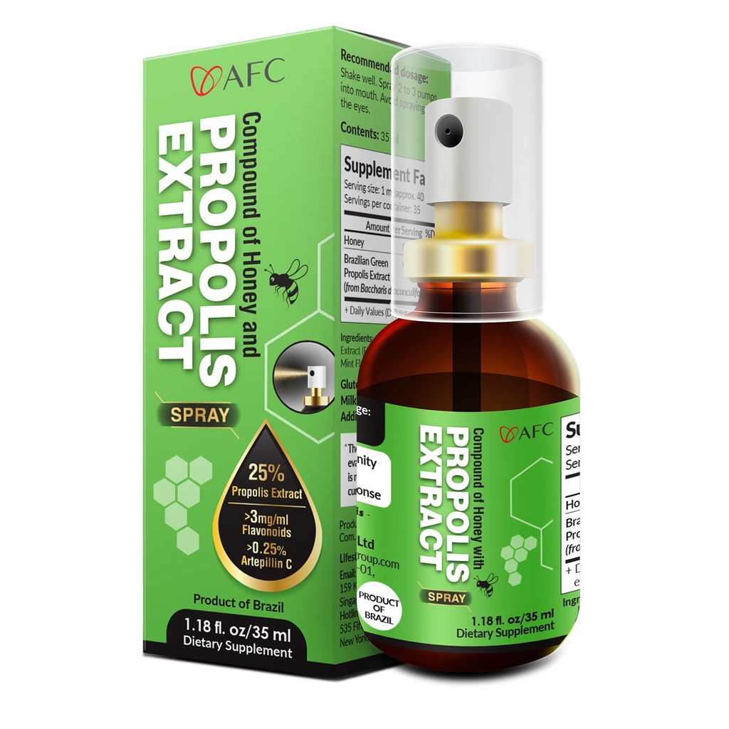AFC Japan Brazilian Green Propolis Extract Throat Spray with Honey for Immune Support and Seasonal Throat Comfort — 1.0 oz Liquid Bee Propolis Oral Wellness Mist, 300+ Sprays, Alcohol-Extracted