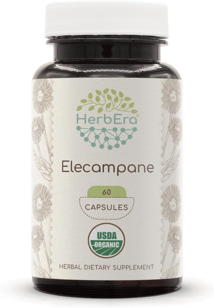 HerbEra Elecampane USDA Organic 60 Capsules | Natural Herbal Supplement | Certified Organic Vegetarian Capsules and Organic Elecampane (Inula Helenium) Dried Root (60 Capsules)