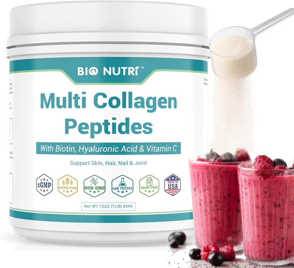 BIO NUTRI Collagen Peptides Powder Multi-Type (I, II, III, V, X) with Biotin & Hyaluronic Acid for Hair, Skin, Nails & Joints, Unflavored, 16oz