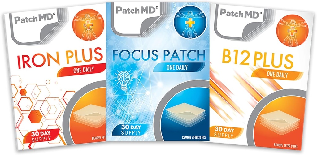 Iron Plus, B12 Energy Plus, & Focus Topical Patch Bundle - 30 Days Supply