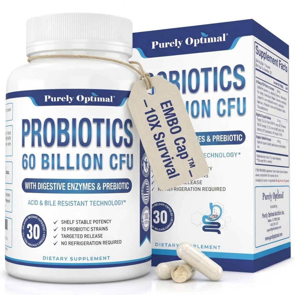 Purely Optimal Probiotics for Digestive Health, 60 Billion CFU – Delayed-Release with Digestive Enzymes & Organic Prebiotics – Bloating, Immune & Energy Support, 30 Caps