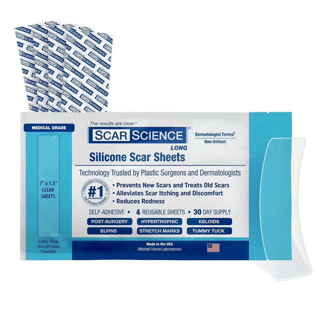 Medical Grade Silicone Scar Sheets - 7" Reusable Water-Resistant Silicone Tape for Scars - Clear Breathable Tape for C-Section, Tummy Tuck, Surgical Scars, and Keloids - 4-Pack