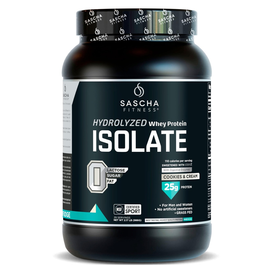 SASCHA FITNESS Hydrolyzed Whey Protein Isolate,100% Grass-Fed (2 Pounds, Cookies & Cream)