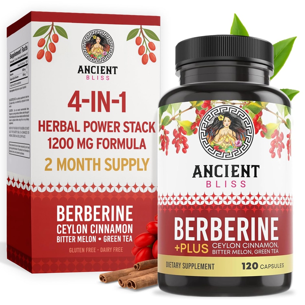 Ancient Bliss Berberine HCL 1200mg with Ceylon Cinnamon, Bitter Melon, and Green Tea Extract - 120 Capsules