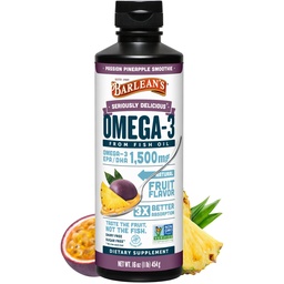 Barlean's Omega 3 Fish Oil Liquid Supplement for Men and Women, 1500mg of EPA and DHA Fatty Acid, Promotes Brain & Heart Health - Non-GMO, Passion Pineapple Smoothie, 16 oz