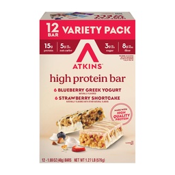 Atkins Blueberry Greek Yogurt & Strawberry Shortcake High Protein Bar, High Fiber, Keto Friendly, 12 Count (6 Bars Each Flavor)