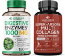Wholesome Wellness Digestive Enzymes 1000MG Plus Prebiotics & Probiotics Supplement + Super-Absorb Multi Collagen Pills (Type I II III V X) Organic Herbs and Bioperine Bundle