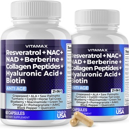 Vitamax Resveratrol NAD+ Berberine Hyaluronic Acid - Biotin Grape & Blueberry + NAC - Collagen Peptides - Hair, Nail, Skin & Joint Supplement - 21-in-1 Women and Men - Made in USA - 120 Count