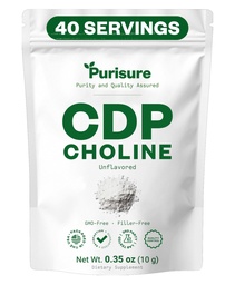 Purisure CDP Choline Powder, 10g, CDP Choline Supplements That Support Attention, Focus, and Energy, Citicoline Powder for Cognitive Function, Increases Motivation and Productivity, 40 Servings