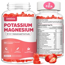 2 Pack Potassium Magnesium Supplement Gummies for Adults Kids, Magnesium Glycinate & Potassium Citrate, Plus Multivitamin, Omega-3 & Black Pepper, Leg Cramps, Muscle & Heart Health, 120 Count