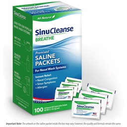 SinuCleanse Pre-Mixed Saline Packets for Sinus Rinse and Nasal Irrigation Systems, 100 Count, Made in USA, All-Natural, Pharmaceutical Grade and PH Balanced