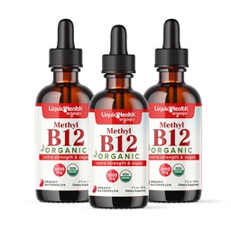 LIQUIDHEALTH USDA Organic Methyl Vitamin B12 Methylcobalamin Liquid Drops with Tart Cherry Juice - Boost Energy, Immune Support, Improve Memory & Concentration - USA Made, Vegan, Non-GMO (3 Pack)