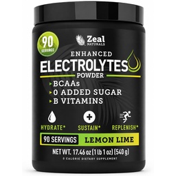Zeal Naturals Electrolyte Powder - 90 Servings | Keto Electrolytes Powder | Zero Sugar, BCAAs, B-Vitamins | Potassium, Zinc, Magnesium | Hydration Powder Recovery Drink | Lemon Lime