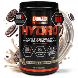Labrada Hydro 100% Pure Hydrolyzed Whey Protein Isolate Powder, Lactose free, 6g BCAA’s, 4.5g Glutamine, Fastest Digesting Whey Available, Instant Mixing, Delicious Taste 20 Servings (Cookies & Cream)
