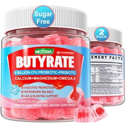 Butyrate Gummies with Probiotic + Prebiotic + Postbiotic, Omega-3 500mg,9 Billion CFU Probiotics with Fiber, Calcium & Magnesium, Inulin,Psyllium Husk for Digestive Health,Bloating Support,Sugar Free