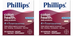 Phillips' Colon Health Daily Probiotic Capsules,4-in-1 Symptom Defense to Help Defend Against Occasional Gas,Bloating,Constipation,and Diarrhea,Daily Supplement,90 Count (Pack of 2)