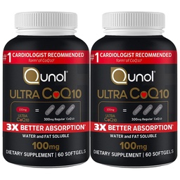 Qunol Ultra CoQ10 100mg 3X Better Absorption Patented Water and Fat Soluble Natural Supplement Form Coenzyme Q10 Antioxidant for Heart Health Packs Softgels, 120 Count