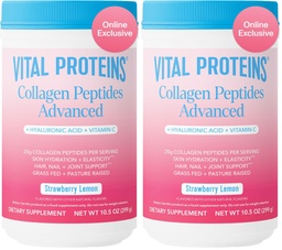 Vital Proteins Collagen Peptides Advanced, Hydrolyzed Peptides with Hyaluronic Acid and Vitamin C - Strawberry Lemon Flavor Powder, 10.5oz (Pack of 2)