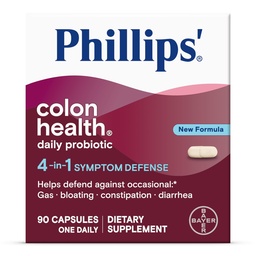 Phillips' Colon Health Daily Probiotic Capsules, 4-in-1 Symptom Defense to Help Defend Against Occasional Gas, Bloating, Constipation, and Diarrhea, Daily Supplement, 90 Count