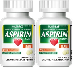 HealthA2Z® Aspirin 81 mg | Low Strength | Enteric Coated | Pain Relief | Reduces Minor Aches Muscle Pain & Cramps | Fever Reducer | Reduces Headache (300 Counts) (Pack of 2)