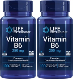 Life Extension Vitamin B6, 250 mg, high Potency, Cardiovascular, neurological Health, Eye Health, Healthy Kidney Function, Gluten-Free, Non-GMO, Vegetarian, 100 Capsules, (Pack of 2)