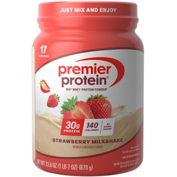 Premier Protein Powder, Strawberry Milkshake, 30g Protein, No Added Sugar, 100% Whey Protein, Keto Friendly, Soy & Gluten Free, 24.5 oz (17 Servings)