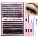 FANXITON DIY Individual Eyelash Extension Kit, Thick Volume Lash Clusters 40D+50D D Curvature, 280 Pieces Thin Band Cluster Lashes with Bond and Seal Tweezers
