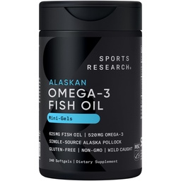 Sports Research® Omega-3 Fish Oil AlaskOmega Mini Gels 625mg from Wild Alaskan Pollock - Burpless Fish Oil Supplement with Omega-3 EPA & DHA - Sustainably Sourced, Non-GMO, Gluten Free - 240 Softgels