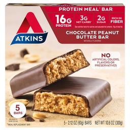 Atkins Chocolate Peanut Butter Protein Meal Bar, High Fiber, 16g Protein, 2g Sugar, 3g Net Carb, Meal Replacement, Keto Friendly, 5 Count