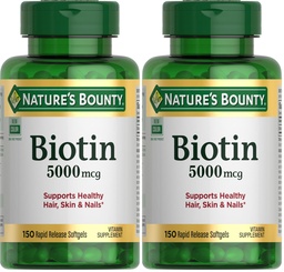 Nature's Bounty Biotin, Supports Metabolism for Cellular Energy and Healthy Hair, Skin, and Nails, 5000 mcg, 150 Softgels (Pack of 2)